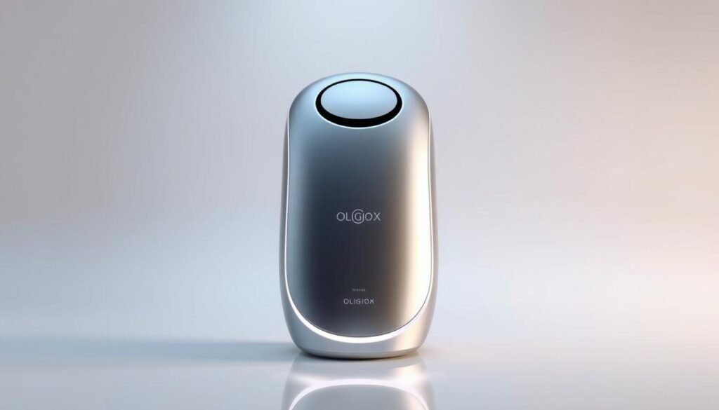 A highly detailed and realistic 3D render of the "Oligio X 原美電波的OSCA™ 個人化智能科技" product from the "Glowin Beaute" brand. The scene showcases the device's sleek, futuristic design with a smooth, metallic surface and subtle glowing accents. The device is presented against a clean, minimalist background with soft studio lighting, creating a sense of sophistication and technological innovation. The camera angle highlights the product's clean lines and premium aesthetic, conveying the unique advantages and high-quality craftsmanship of the "Oligio X 原美電波" device. A highly detailed and realistic 3D render of the "Oligio X 原美電波的OSCA™ 個人化智能科技" product from the "Glowin Beaute" brand. The scene showcases the device's sleek, futuristic design with a smooth, metallic surface and subtle glowing accents. The device is presented against a clean, minimalist background with soft studio lighting, creating a sense of sophistication and technological innovation. The camera angle highlights the product's clean lines and premium aesthetic, conveying the unique advantages and high-quality craftsmanship of the "Oligio X 原美電波" device.