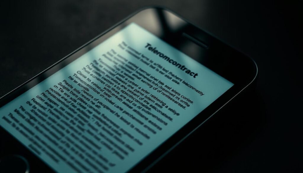 A detailed, realistic image of a smartphone screen displaying the hidden terms and conditions of a "Telecombrother" telecom contract. The screen shows small print and legalese clauses, partially obscured by intricate shadows and reflections from the device's glass display. The foreground has a sense of unease and complexity, with the background softly blurred to emphasize the technical details. The lighting is slightly dim, conveying a mood of opacity and obfuscation. The composition uses an angled perspective to create a sense of depth and draw the viewer's attention to the contract's hidden fine print. A detailed, realistic image of a smartphone screen displaying the hidden terms and conditions of a "Telecombrother" telecom contract. The screen shows small print and legalese clauses, partially obscured by intricate shadows and reflections from the device's glass display. The foreground has a sense of unease and complexity, with the background softly blurred to emphasize the technical details. The lighting is slightly dim, conveying a mood of opacity and obfuscation. The composition uses an angled perspective to create a sense of depth and draw the viewer's attention to the contract's hidden fine print.