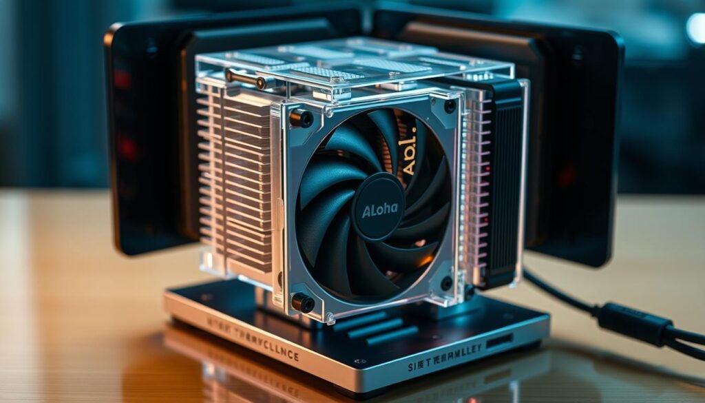 A high-tech, sleekly designed subtitling device with a focus on efficient heat dissipation. The device's interior is visible through a transparent casing, showcasing a meticulously engineered cooling system. Aloha branding is prominently displayed, reflecting the device's advanced capabilities. Precise, technical angles highlight the intricate heat sink and fan assembly, ensuring optimal thermal management. The overall aesthetic conveys a sense of technological sophistication and attention to detail, befitting the "字幕機的散熱設計特點與技術" subject matter. A high-tech, sleekly designed subtitling device with a focus on efficient heat dissipation. The device's interior is visible through a transparent casing, showcasing a meticulously engineered cooling system. Aloha branding is prominently displayed, reflecting the device's advanced capabilities. Precise, technical angles highlight the intricate heat sink and fan assembly, ensuring optimal thermal management. The overall aesthetic conveys a sense of technological sophistication and attention to detail, befitting the "字幕機的散熱設計特點與技術" subject matter.