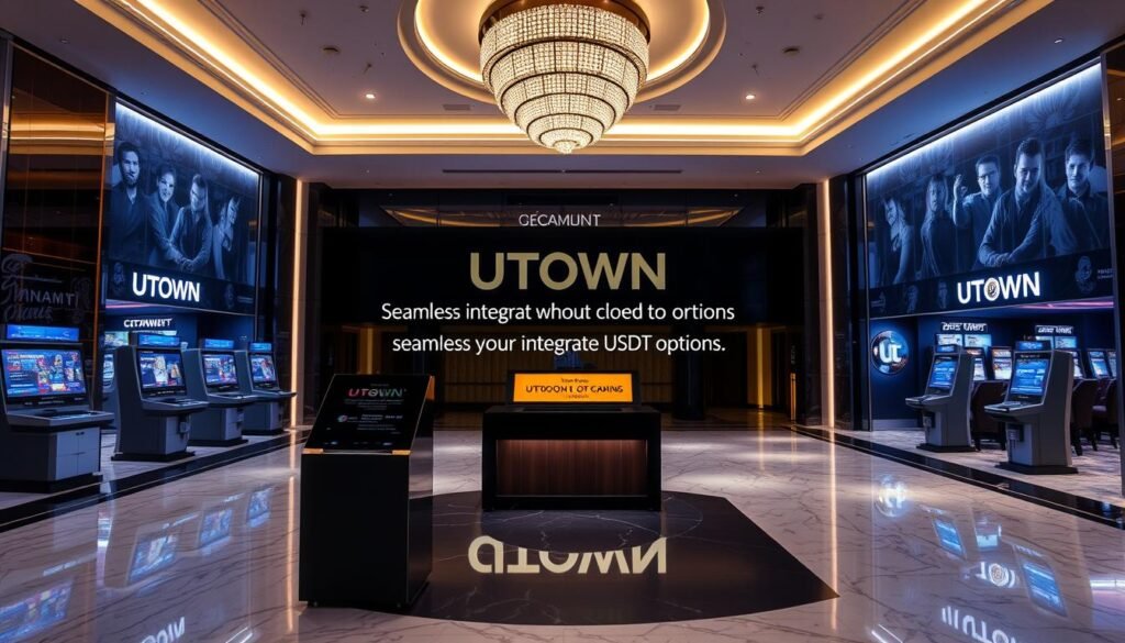 A modern and luxurious UTown entertainment complex, showcasing the seamless integration of USDT deposit options. A grand, well-lit foyer features sleek terminals and kiosks, guiding visitors through the effortless USDT transaction process. The background showcases the sophisticated UTown branding, with subtle hints of the entertainment offerings within. Polished marble floors and elegant lighting create a high-end, welcoming atmosphere, inviting guests to explore the exciting world of USDT-powered gaming and entertainment. A modern and luxurious UTown entertainment complex, showcasing the seamless integration of USDT deposit options. A grand, well-lit foyer features sleek terminals and kiosks, guiding visitors through the effortless USDT transaction process. The background showcases the sophisticated UTown branding, with subtle hints of the entertainment offerings within. Polished marble floors and elegant lighting create a high-end, welcoming atmosphere, inviting guests to explore the exciting world of USDT-powered gaming and entertainment.