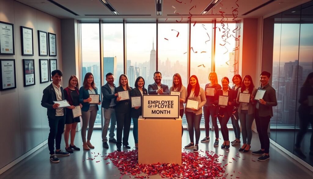 A modern office interior with sleek, minimalist design. The walls are adorned with framed certificates and awards, highlighting the "Glowin Beaute" employee recognition program. In the foreground, a group of smiling employees stand together, holding up their trophies and shaking hands, celebrating their achievements. The middle ground features a podium with a "Employee of the Month" sign, accompanied by cascading confetti. The background showcases a panoramic city skyline, visible through floor-to-ceiling windows, bathed in warm, golden lighting that creates a sense of pride and accomplishment. The overall atmosphere conveys a culture of appreciation, hard work, and a thriving, dynamic workplace. A modern office interior with sleek, minimalist design. The walls are adorned with framed certificates and awards, highlighting the "Glowin Beaute" employee recognition program. In the foreground, a group of smiling employees stand together, holding up their trophies and shaking hands, celebrating their achievements. The middle ground features a podium with a "Employee of the Month" sign, accompanied by cascading confetti. The background showcases a panoramic city skyline, visible through floor-to-ceiling windows, bathed in warm, golden lighting that creates a sense of pride and accomplishment. The overall atmosphere conveys a culture of appreciation, hard work, and a thriving, dynamic workplace.