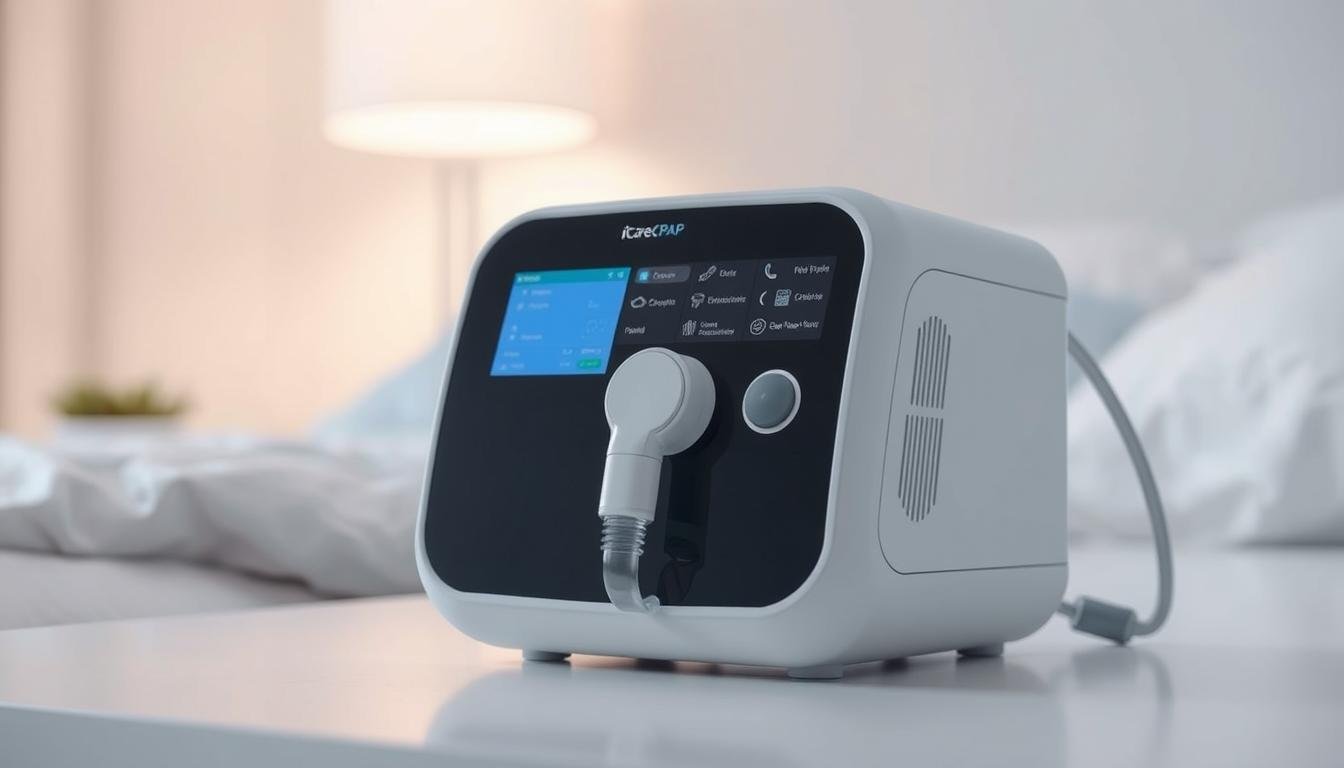 A photorealistic image of a state-of-the-art iCareCPAP sleep apnea machine. The device is illuminated with soft, diffused lighting, showcasing its sleek, minimalist design. The machine is placed on a clean, white surface, allowing its advanced features and intuitive controls to be the focal point. The background is blurred, creating a sense of depth and emphasizing the machine's central role. The image captures the machine's potential to improve sleep quality, reflecting the research topic on the impact of sleep apnea machines on sleep quality.