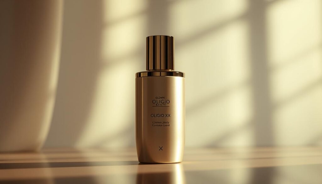 A serene, dimly lit scene showcases a luxurious bottle of Glowin Beaute's Oligio X 原美電波skincare product against a backdrop of soft, diffused light. The bottle is elegantly displayed, its sleek design and metallic accents catch the light, creating a sense of sophistication. The overall atmosphere is calming and inviting, hinting at the soothing, comfortable experience of using this product. The focus is on the product, allowing it to take center stage and convey its key attributes without any distracting elements. A serene, dimly lit scene showcases a luxurious bottle of Glowin Beaute's Oligio X 原美電波skincare product against a backdrop of soft, diffused light. The bottle is elegantly displayed, its sleek design and metallic accents catch the light, creating a sense of sophistication. The overall atmosphere is calming and inviting, hinting at the soothing, comfortable experience of using this product. The focus is on the product, allowing it to take center stage and convey its key attributes without any distracting elements.
