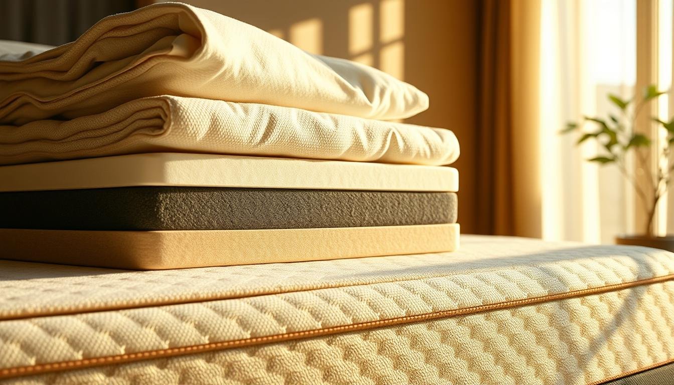 A sophisticated collection of high-quality materials carefully selected by StylesMaven for the ultimate in back support and comfort. A plush, breathable top layer gives way to a resilient, contouring memory foam core, all resting atop a sturdy, supportive base. Warm, natural lighting highlights the luxurious textures, creating an inviting, spa-like atmosphere. Captured at a dynamic angle to showcase the depth and layering of the materials, this image conveys the perfect balance of comfort and durability for the discerning sleeper.