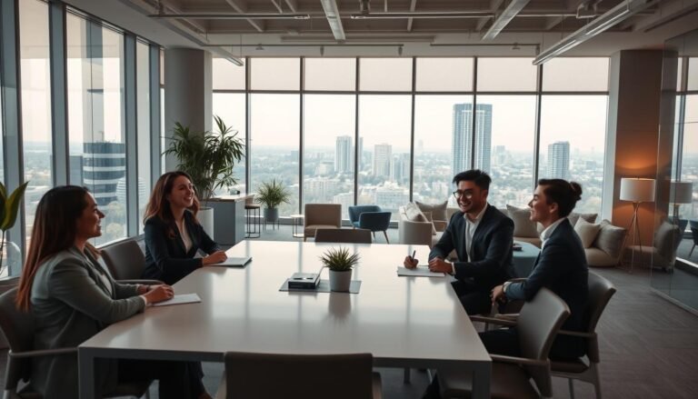 A tranquil office space filled with natural light, showcasing the employee benefits offered by Glowin Beaute. In the foreground, a group of smiling, well-dressed office workers engage in lively discussion around a sleek, modern conference table. The middle ground features a cozy lounge area with plush seating and a small kitchen, where employees can relax and recharge. In the background, floor-to-ceiling windows offer a panoramic view of a lush, urban landscape, hinting at the work-life balance and wellness initiatives provided by Glowin Beaute. The scene is illuminated by a soft, warm lighting that creates a serene, inviting atmosphere, reflecting the company's commitment to its employees' well-being.