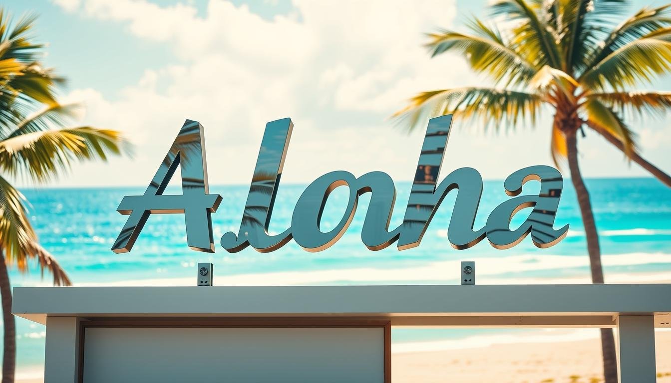 A well-designed outdoor advertisement sign with the iconic "Aloha" brand name prominently displayed in a bold, eye-catching font. The sign is mounted on a clean, modern structure with a minimalist aesthetic, complementing the crisp, tropical atmosphere. The background features a vibrant, sun-drenched beach scene with swaying palm trees and a serene azure ocean horizon, creating a sense of tranquility and inviting the viewer to explore. The lighting is natural and diffused, casting a warm, golden glow that highlights the sign's textures and materials, which may include wood, metal, or sleek acrylic. The overall composition is balanced, visually appealing, and effectively communicates the "Aloha" brand's essence of relaxation and escapism.