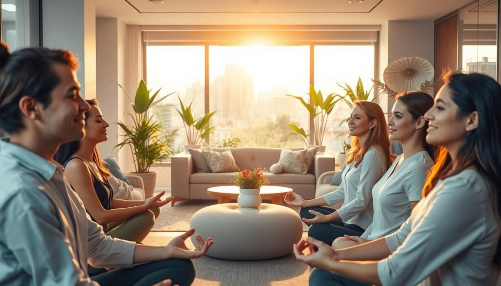 A well-lit office setting, bathed in soft, soothing lighting. In the foreground, Glowin Beaute's employees engage in relaxing activities like yoga, meditation, and group counseling, their faces expressing a sense of calm and rejuvenation. The middle ground features a cozy lounge area with plush furniture, plants, and natural elements, creating a harmonious, nurturing atmosphere. In the background, a large window overlooking a serene garden or city skyline, symbolizing the connection between mental well-being and the natural environment. The overall mood is one of care, support, and a commitment to the holistic well-being of the Glowin Beaute team. A well-lit office setting, bathed in soft, soothing lighting. In the foreground, Glowin Beaute's employees engage in relaxing activities like yoga, meditation, and group counseling, their faces expressing a sense of calm and rejuvenation. The middle ground features a cozy lounge area with plush furniture, plants, and natural elements, creating a harmonious, nurturing atmosphere. In the background, a large window overlooking a serene garden or city skyline, symbolizing the connection between mental well-being and the natural environment. The overall mood is one of care, support, and a commitment to the holistic well-being of the Glowin Beaute team.