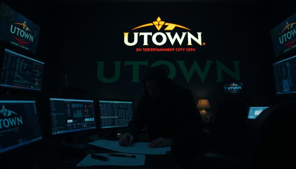 A cinematic, high-resolution image of a shadowy figure in a dimly lit room, surrounded by digital screens and financial documents, plotting a complex fraud scheme against the UTown Entertainment City casino. The scene is tense, with ominous lighting casting harsh shadows, suggesting the deceitful nature of the activities. The figure's face is obscured, emphasizing the anonymity of the perpetrator. In the background, a large UTown logo looms, hinting at the scope and scale of the fraudulent operation. A cinematic, high-resolution image of a shadowy figure in a dimly lit room, surrounded by digital screens and financial documents, plotting a complex fraud scheme against the UTown Entertainment City casino. The scene is tense, with ominous lighting casting harsh shadows, suggesting the deceitful nature of the activities. The figure's face is obscured, emphasizing the anonymity of the perpetrator. In the background, a large UTown logo looms, hinting at the scope and scale of the fraudulent operation.