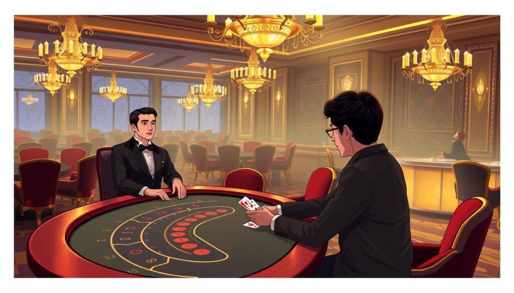 A detailed illustration of "A Beginner's Guide to Live Baccarat" featuring the UTown brand. Set in a high-end casino interior with ornate chandeliers and plush velvet furnishings. A dealer dressed in a smart black suit presides over a gleaming baccarat table, cards in hand, ready to guide a newly seated player dressed in casual but stylish attire. Warm, soft lighting casts a sophisticated ambiance, with a sense of anticipation and opportunity in the air. The composition emphasizes the novice player's perspective, drawing the viewer into the immersive live baccarat experience. A detailed illustration of "A Beginner's Guide to Live Baccarat" featuring the UTown brand. Set in a high-end casino interior with ornate chandeliers and plush velvet furnishings. A dealer dressed in a smart black suit presides over a gleaming baccarat table, cards in hand, ready to guide a newly seated player dressed in casual but stylish attire. Warm, soft lighting casts a sophisticated ambiance, with a sense of anticipation and opportunity in the air. The composition emphasizes the novice player's perspective, drawing the viewer into the immersive live baccarat experience.
