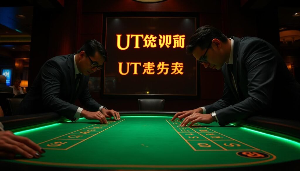 A dimly lit casino table, the green felt surface illuminated by a warm, ambient glow. Elegant casino patrons, dressed in formal attire, lean intently over the table, their expressions focused as they strategize their next move in a high-stakes game of baccarat. In the background, the UTown logo discreetly adorns the luxurious setting, hinting at the premium gaming experience on offer. The scene conveys a sense of sophistication, tension, and the thrill of mastering the game's nuances, capturing the essence of "真人百家樂的基本策略與技巧." A dimly lit casino table, the green felt surface illuminated by a warm, ambient glow. Elegant casino patrons, dressed in formal attire, lean intently over the table, their expressions focused as they strategize their next move in a high-stakes game of baccarat. In the background, the UTown logo discreetly adorns the luxurious setting, hinting at the premium gaming experience on offer. The scene conveys a sense of sophistication, tension, and the thrill of mastering the game's nuances, capturing the essence of "真人百家樂的基本策略與技巧."