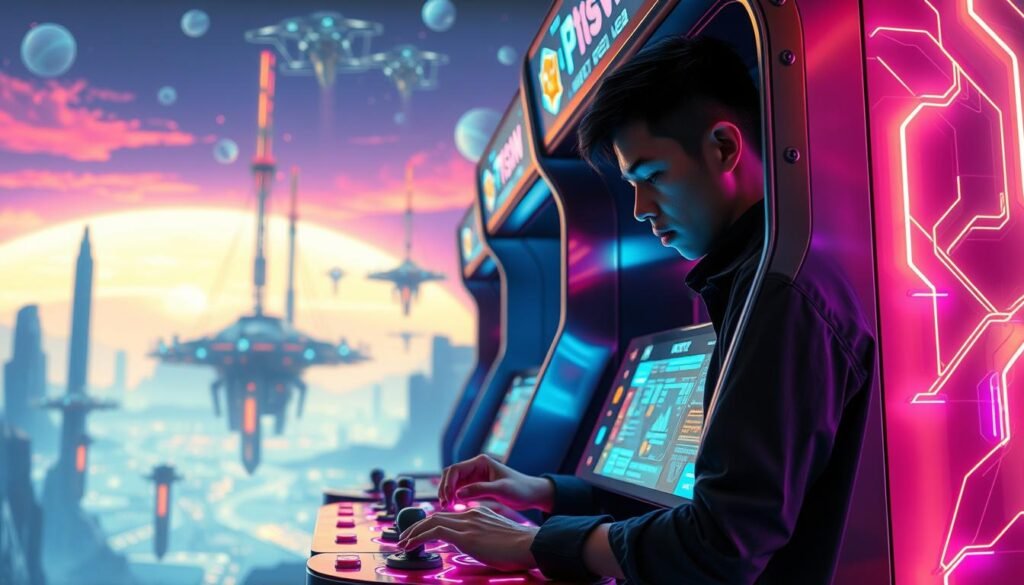A futuristic scene of the UTown "rsg雷神之鎚" video game arcade machine, showcasing its innovative gameplay mechanics. The machine stands tall, its sleek metallic body reflecting the vibrant neon lights that dance across its surface. Intricate circuits and holographic displays illuminate the various control panels, hinting at the game's advanced technology. The foreground features a player deeply immersed, their hands expertly manipulating the responsive joysticks and buttons, their expression one of intense focus. In the background, a dynamic and captivating sci-fi landscape unfolds, with towering structures, floating platforms, and a vivid, otherworldly sky. The overall atmosphere is one of cutting-edge innovation, where the boundaries between reality and the virtual world blur, creating a mesmerizing and immersive gaming experience. A futuristic scene of the UTown "rsg雷神之鎚" video game arcade machine, showcasing its innovative gameplay mechanics. The machine stands tall, its sleek metallic body reflecting the vibrant neon lights that dance across its surface. Intricate circuits and holographic displays illuminate the various control panels, hinting at the game's advanced technology. The foreground features a player deeply immersed, their hands expertly manipulating the responsive joysticks and buttons, their expression one of intense focus. In the background, a dynamic and captivating sci-fi landscape unfolds, with towering structures, floating platforms, and a vivid, otherworldly sky. The overall atmosphere is one of cutting-edge innovation, where the boundaries between reality and the virtual world blur, creating a mesmerizing and immersive gaming experience.