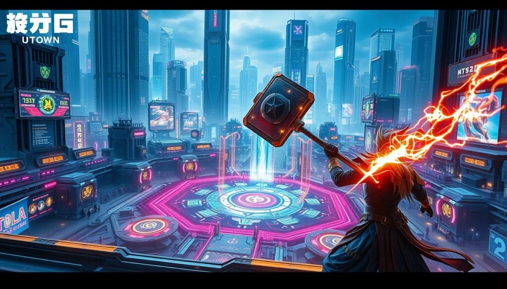 A gleaming, technologically-advanced UTown setting, showcasing the latest iteration of the "rsg雷神之鎚" game. The foreground features a heroic warrior wielding a majestic, lightning-infused hammer, their movements fluid and dynamic. The middle ground reveals a futuristic, neon-lit arena, with holographic interfaces and intricate mechanical details. In the background, towering skyscrapers and a vibrant, bustling cityscape set the stage for this technological marvel. Lighting is crisp, with dramatic shadows and highlights accentuating the power and precision of the gameplay. The overall atmosphere is one of excitement, innovation, and a glimpse into the thrilling future of this immersive gaming experience. A gleaming, technologically-advanced UTown setting, showcasing the latest iteration of the "rsg雷神之鎚" game. The foreground features a heroic warrior wielding a majestic, lightning-infused hammer, their movements fluid and dynamic. The middle ground reveals a futuristic, neon-lit arena, with holographic interfaces and intricate mechanical details. In the background, towering skyscrapers and a vibrant, bustling cityscape set the stage for this technological marvel. Lighting is crisp, with dramatic shadows and highlights accentuating the power and precision of the gameplay. The overall atmosphere is one of excitement, innovation, and a glimpse into the thrilling future of this immersive gaming experience.