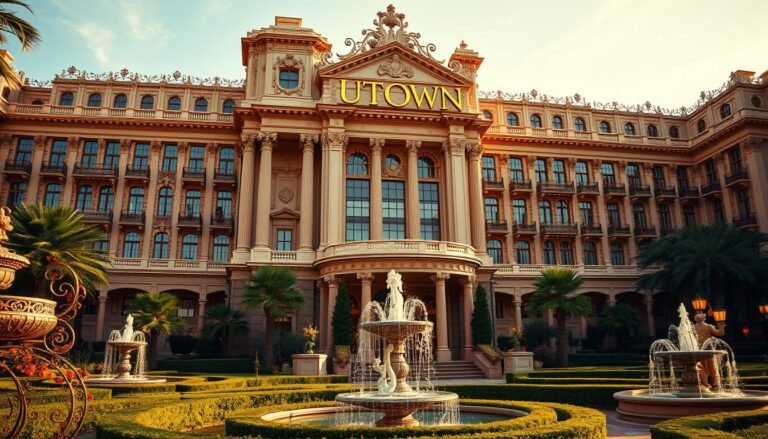 A grand, ornate casino complex with intricate architectural details, reminiscent of a classical European palace. The facade features grand columns, ornate carvings, and a prominent sign reading &quot;UTown&quot; in an elegant script. The building is set against a backdrop of lush greenery, with manicured gardens and fountains in the foreground. Warm, golden lighting illuminates the scene, creating a luxurious and inviting atmosphere. The camera angle is set to capture the grandeur and scale of the structure, emphasizing its imposing and impressive presence.