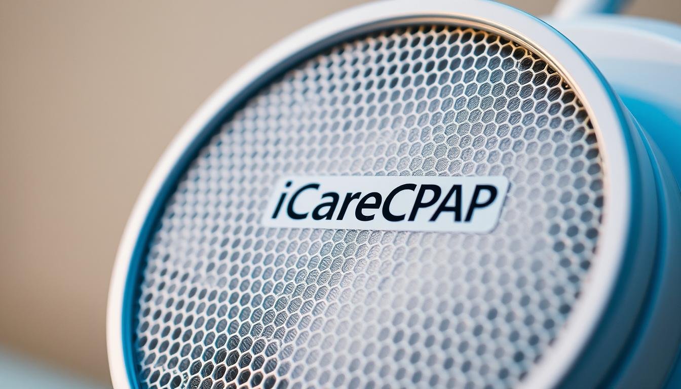A high-quality air filter for a sleep apnea CPAP machine, with the iCareCPAP brand prominently displayed. The filter is shown in close-up, its intricate mesh structure and perforated surface clearly visible. The lighting is soft and diffused, highlighting the filter's delicate texture and creating a sense of clinical cleanliness. The background is a neutral, slightly blurred backdrop, allowing the filter to be the central focus. The overall mood is one of medical precision and attention to detail, reflecting the importance of maintaining a CPAP machine's air quality for effective sleep therapy.