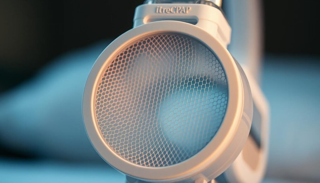 A high-quality, close-up image of an iCareCPAP sleep apnea machine's air filter. The filter is displayed prominently in the center of the frame, its intricate mesh pattern and delicate structure clearly visible. The lighting is soft and even, highlighting the subtle textures and nuances of the filter material. The background is blurred, placing the focus entirely on the filter's form and function. The overall mood is one of technical precision and medical importance, reflecting the filter's critical role in ensuring clean, filtered air for sleep apnea patients. A high-quality, close-up image of an iCareCPAP sleep apnea machine's air filter. The filter is displayed prominently in the center of the frame, its intricate mesh pattern and delicate structure clearly visible. The lighting is soft and even, highlighting the subtle textures and nuances of the filter material. The background is blurred, placing the focus entirely on the filter's form and function. The overall mood is one of technical precision and medical importance, reflecting the filter's critical role in ensuring clean, filtered air for sleep apnea patients.