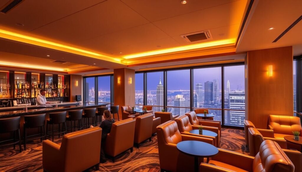 A luxurious VIP lounge in the UTown entertainment complex, with plush leather chairs, a fully stocked bar, and tasteful modern decor. Soft, warm lighting casts a cozy ambiance, while large windows offer a panoramic view of the bustling city outside. Discreet service staff attend to the every need of the exclusive middle-tier VIP members, ensuring an exceptional and tailored experience. A luxurious VIP lounge in the UTown entertainment complex, with plush leather chairs, a fully stocked bar, and tasteful modern decor. Soft, warm lighting casts a cozy ambiance, while large windows offer a panoramic view of the bustling city outside. Discreet service staff attend to the every need of the exclusive middle-tier VIP members, ensuring an exceptional and tailored experience.