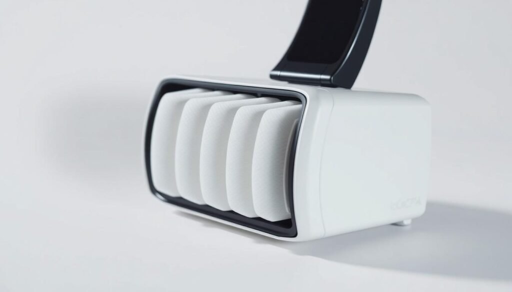 A sleek, modern medical device with a minimalist design, showcasing the iCareCPAP air filter system. The filters are neatly arranged, highlighting their advanced multi-stage filtration capabilities. The device is illuminated from the side, casting subtle shadows and emphasizing the precision engineering. The background is a clean, sterile white, drawing focus to the central filtration system. The overall impression conveys a sense of high-quality, cutting-edge medical technology providing reliable, efficient air purification for sleep apnea patients. A sleek, modern medical device with a minimalist design, showcasing the iCareCPAP air filter system. The filters are neatly arranged, highlighting their advanced multi-stage filtration capabilities. The device is illuminated from the side, casting subtle shadows and emphasizing the precision engineering. The background is a clean, sterile white, drawing focus to the central filtration system. The overall impression conveys a sense of high-quality, cutting-edge medical technology providing reliable, efficient air purification for sleep apnea patients.