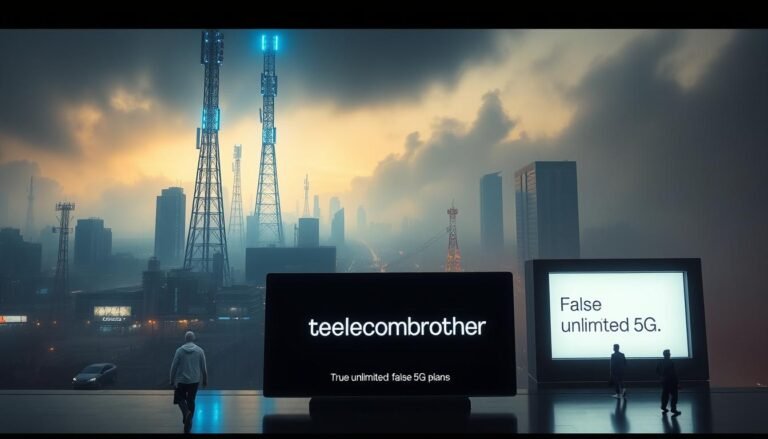 A striking, futuristic cityscape with towering 5G cell towers rising into the sky, casting an eerie blue glow across the scene. In the foreground, a sleek, metallic display showcases the &quot;Telecombrother&quot; brand, highlighting the contrast between &quot;true unlimited&quot; and &quot;false unlimited&quot; 5G plans. The middle ground features a bustling urban landscape, with people going about their daily lives, oblivious to the technological advancements above them. The background is shrouded in a hazy, atmospheric mist, lending an air of mystery and uncertainty to the image. The overall composition conveys the theme of the article, exploring the nuances of 5G technology and its impact on consumers.