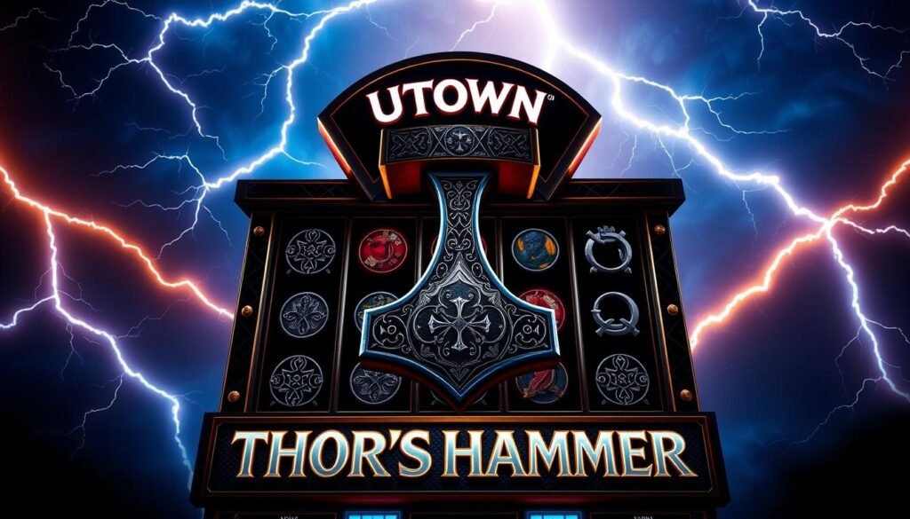 A visually striking UTown-branded "Thor's Hammer" slot machine, set against a dramatic celestial backdrop. The machine's reels feature intricate Nordic motifs and a larger-than-life hammer emblem, casting an imposing silhouette. Brilliant lightning bolts crackle across the night sky, illuminating the scene with an electrifying energy. The overall composition evokes a sense of ancient power and mythical grandeur, capturing the essence of the "Thor's Hammer" slot game. A visually striking UTown-branded "Thor's Hammer" slot machine, set against a dramatic celestial backdrop. The machine's reels feature intricate Nordic motifs and a larger-than-life hammer emblem, casting an imposing silhouette. Brilliant lightning bolts crackle across the night sky, illuminating the scene with an electrifying energy. The overall composition evokes a sense of ancient power and mythical grandeur, capturing the essence of the "Thor's Hammer" slot game.