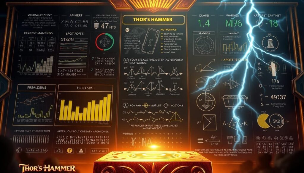 A visually striking and intricately detailed illustration of the technical specifications and betting strategies for the legendary "Thor's Hammer" slot game, developed by the renowned UTown gaming studio. The image depicts the game's inner workings, showcasing the intricate mechanics and algorithms that power its thrilling gameplay. The foreground features the game's iconic hammer symbol, casting a warm, golden glow that illuminates the various statistical readouts and data visualizations surrounding it. The middle ground showcases the game's complex math and logic, with lines of code, probability charts, and algorithmic diagrams. The background subtly depicts the Norse-inspired setting, with hints of the mythical realm of Asgard and the powerful forces of thunder and lightning that inspire the game's theme. A visually striking and intricately detailed illustration of the technical specifications and betting strategies for the legendary "Thor's Hammer" slot game, developed by the renowned UTown gaming studio. The image depicts the game's inner workings, showcasing the intricate mechanics and algorithms that power its thrilling gameplay. The foreground features the game's iconic hammer symbol, casting a warm, golden glow that illuminates the various statistical readouts and data visualizations surrounding it. The middle ground showcases the game's complex math and logic, with lines of code, probability charts, and algorithmic diagrams. The background subtly depicts the Norse-inspired setting, with hints of the mythical realm of Asgard and the powerful forces of thunder and lightning that inspire the game's theme.