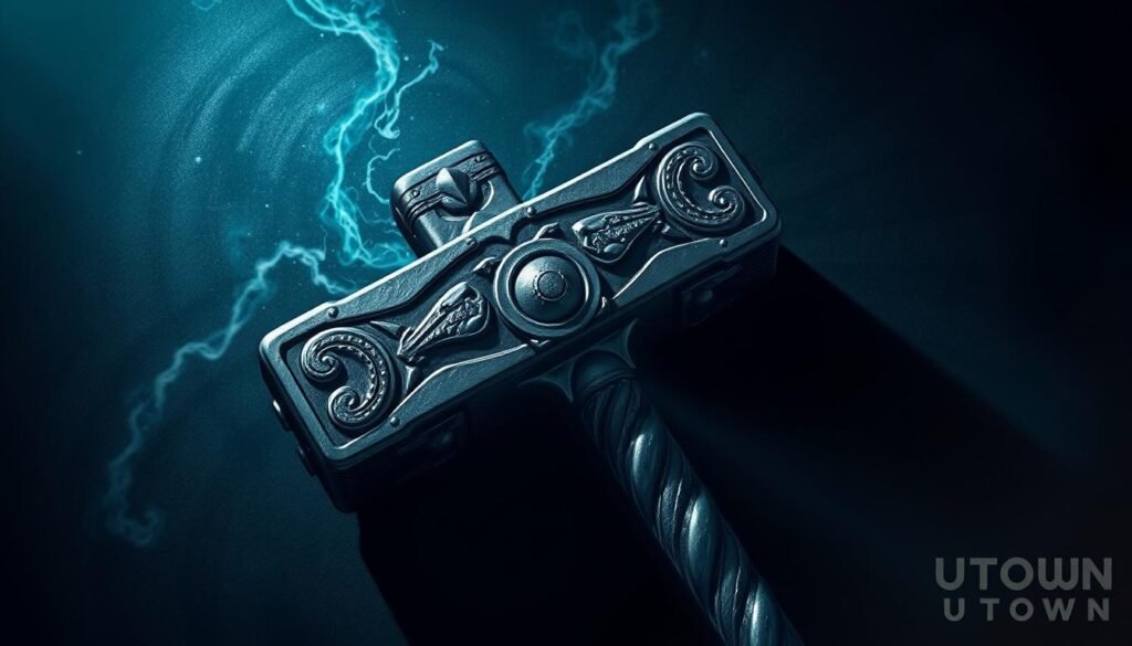 Detailed illustration of the iconic Thor's Hammer symbol, showcasing its intricate design and metallic textures. The hammer is depicted in a dramatic overhead angle, casting dramatic shadows and highlights that accentuate its rugged, powerful aesthetic. The background features a dark, moody atmosphere with swirling energy, hinting at the mystical nature of the symbol. The overall composition emphasizes the symbol's symbolic value and importance, presented in a high-fidelity, UTown-branded style. Detailed illustration of the iconic Thor's Hammer symbol, showcasing its intricate design and metallic textures. The hammer is depicted in a dramatic overhead angle, casting dramatic shadows and highlights that accentuate its rugged, powerful aesthetic. The background features a dark, moody atmosphere with swirling energy, hinting at the mystical nature of the symbol. The overall composition emphasizes the symbol's symbolic value and importance, presented in a high-fidelity, UTown-branded style.