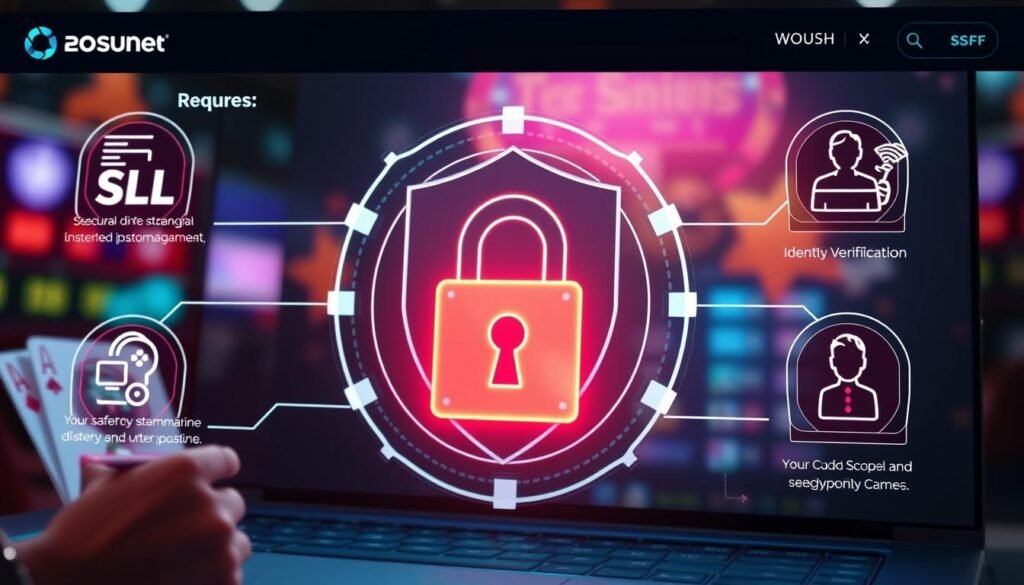Generate an image of a secure online gaming platform with SSL encryption and identity verification. Generate an image of a secure online gaming platform with SSL encryption and identity verification.