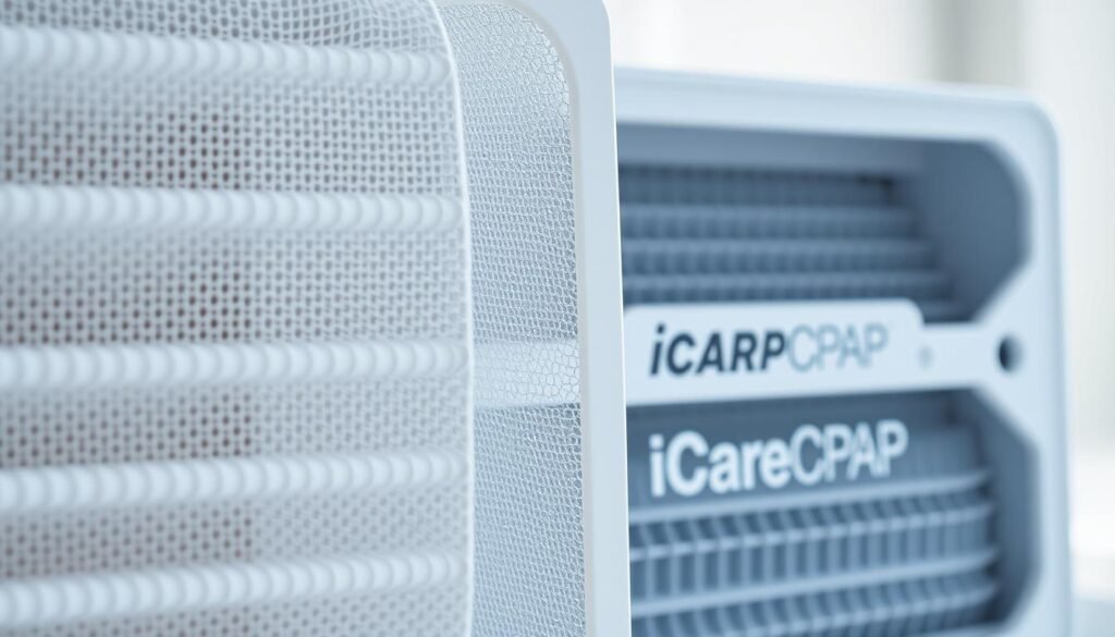 High-resolution close-up of an air filtration system for a sleep apnea CPAP machine, showcasing the iCareCPAP brand. The foreground features the individual filter elements with distinct levels of mesh density, illustrating the graduated filtration system. The middle ground highlights the overall filter assembly, with a clean, modern design aesthetic. The background depicts a softly blurred, minimalist environment, emphasizing the technical nature of the subject. Bright, diffused lighting accentuates the textures and gradients of the filters, creating a sense of depth and precision. The image conveys a clinical, yet thoughtful approach to the importance of air quality in sleep therapy equipment. High-resolution close-up of an air filtration system for a sleep apnea CPAP machine, showcasing the iCareCPAP brand. The foreground features the individual filter elements with distinct levels of mesh density, illustrating the graduated filtration system. The middle ground highlights the overall filter assembly, with a clean, modern design aesthetic. The background depicts a softly blurred, minimalist environment, emphasizing the technical nature of the subject. Bright, diffused lighting accentuates the textures and gradients of the filters, creating a sense of depth and precision. The image conveys a clinical, yet thoughtful approach to the importance of air quality in sleep therapy equipment.