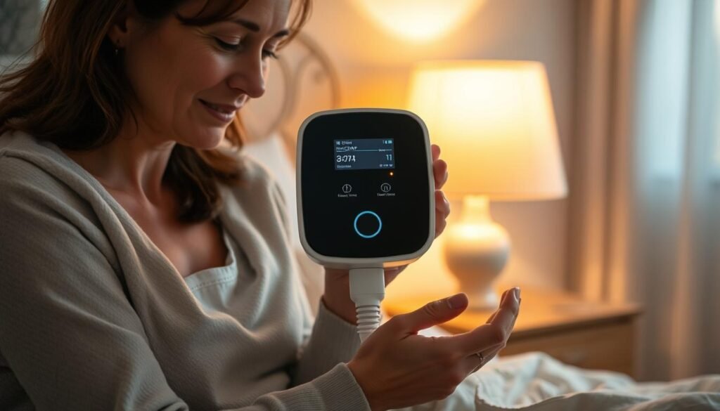 A caring family member gently holds an iCareCPAP sleep apnea machine, its sleek design blending seamlessly with the soft, comforting atmosphere of a bedroom. Warm, diffused lighting from a bedside lamp casts a soothing glow, creating an environment of support and understanding. The person's expression reflects empathy and a willingness to assist their loved one in using the machine, ensuring their comfort and well-being throughout the night. The scene conveys a sense of partnership, with the family member ready to provide the guidance and reassurance needed for the effective long-term use of the sleep apnea device.