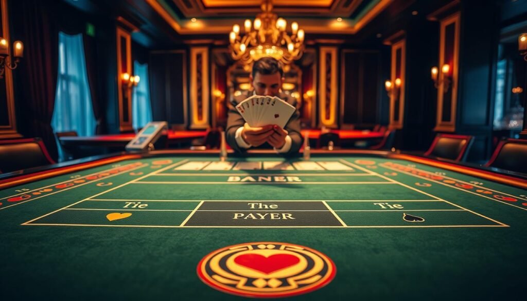 A lavishly detailed tabletop scene showcasing the iconic gameplay of Baccarat. In the foreground, a luxurious green felt gaming table, its surface elegantly etched with the distinct suits and values of the Baccarat deck. Crisp, clean lighting illuminates the table, casting a warm glow across the rich wood and brass fittings. Arrayed across the table are the classic Baccarat betting areas - Player, Banker, and Tie - each delineated with precise lines and symbols. In the middle ground, a croupier's hand delicately shuffles a pristine deck, ready to deal the cards that will determine the outcome. The background features a sophisticated casino interior, replete with gilded accents, plush drapery, and a hint of opulent chandeliers overhead, capturing the high-stakes ambiance of this legendary card game. A lavishly detailed tabletop scene showcasing the iconic gameplay of Baccarat. In the foreground, a luxurious green felt gaming table, its surface elegantly etched with the distinct suits and values of the Baccarat deck. Crisp, clean lighting illuminates the table, casting a warm glow across the rich wood and brass fittings. Arrayed across the table are the classic Baccarat betting areas - Player, Banker, and Tie - each delineated with precise lines and symbols. In the middle ground, a croupier's hand delicately shuffles a pristine deck, ready to deal the cards that will determine the outcome. The background features a sophisticated casino interior, replete with gilded accents, plush drapery, and a hint of opulent chandeliers overhead, capturing the high-stakes ambiance of this legendary card game.