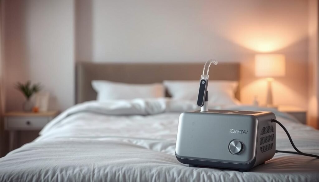 A sleek, modern iCareCPAP sleep apnea machine sits prominently in the foreground, its clean lines and muted grey tones conveying a sense of medical precision. In the middle ground, a restful bed with crisp white linens sets the stage for a peaceful night's sleep. The background fades into a softly lit, minimalist bedroom, the warm glow of a bedside lamp casting a gentle ambiance. The entire scene exudes a sense of tranquility and well-being, reflecting the crucial role this device plays in helping users achieve restorative, uninterrupted slumber.