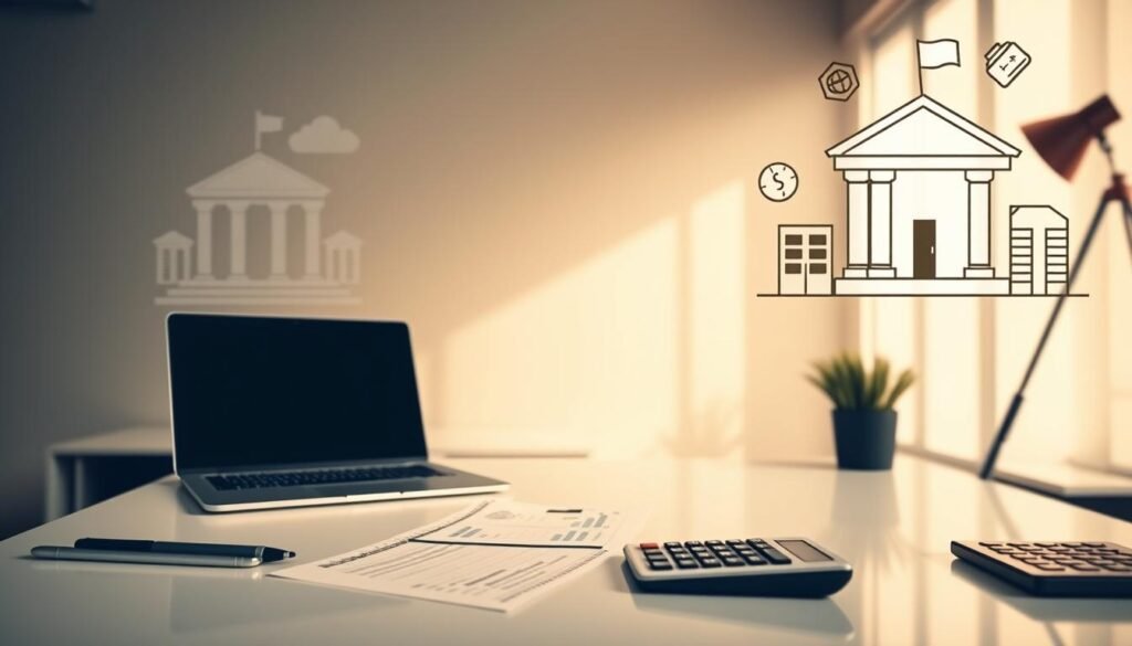 A sleek, modern office desk with a laptop, financial documents, and a calculator arranged neatly. The lighting is soft and warm, creating a professional yet inviting atmosphere. In the background, a stylized illustration of a bank building and financial icons subtly conveys the theme of banking and loan processing. The overall composition evokes a sense of efficiency, attention to detail, and a focus on streamlining the loan application process without the need for extensive credit checks.