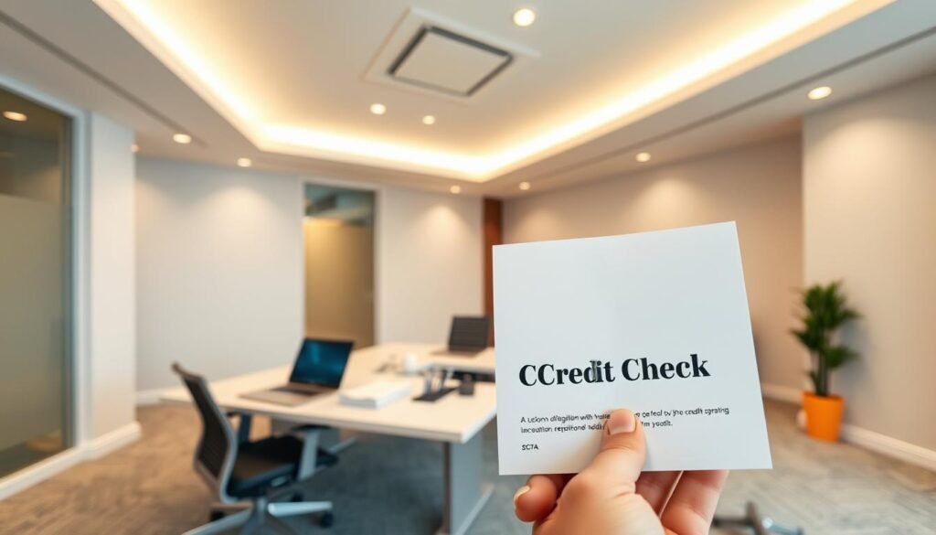 A sleek, modern office interior with a large desk and ergonomic chair. The desk is adorned with a laptop, a stack of documents, and a pen holder. Soft, diffused lighting from overhead fixtures casts a warm glow on the scene. The walls are a neutral, soothing color, creating a professional and inviting atmosphere. In the foreground, a person's hand is visible, holding a document labeled "貸款不看聯徵". The focus is on this document, hinting at the advantages of banks that do not require credit checks, as mentioned in the section title.