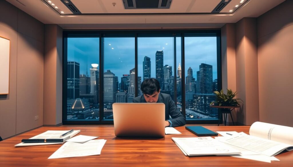 A sleek, modern office interior with a wooden desk, laptop, and various business documents. The lighting is soft and warm, creating a professional yet inviting atmosphere. In the foreground, a person sits at the desk, carefully reviewing paperwork without any apparent concern for credit checks. The background showcases a large window overlooking a bustling city skyline, conveying a sense of efficiency and progress. The overall scene depicts the streamlined application process for a bank that does not prioritize credit history, focusing instead on the applicant's qualifications and financial goals.