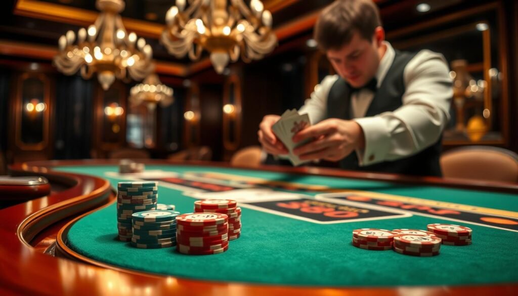 A stylish casino table with a felt green surface, elegant wooden edges, and sophisticated lighting. In the foreground, casino chips in various denominations are neatly arranged, hinting at the strategic placement and management of resources. In the middle ground, a dealer's hands expertly shuffle a deck of cards, showcasing the dexterity and skill required. In the background, a dimly lit, opulent casino ambiance sets the mood, with ornate chandeliers and rich, dark tones. The scene exudes an atmosphere of sophisticated gaming, where mastering the rules and strategies of baccarat is the key to success. A stylish casino table with a felt green surface, elegant wooden edges, and sophisticated lighting. In the foreground, casino chips in various denominations are neatly arranged, hinting at the strategic placement and management of resources. In the middle ground, a dealer's hands expertly shuffle a deck of cards, showcasing the dexterity and skill required. In the background, a dimly lit, opulent casino ambiance sets the mood, with ornate chandeliers and rich, dark tones. The scene exudes an atmosphere of sophisticated gaming, where mastering the rules and strategies of baccarat is the key to success.