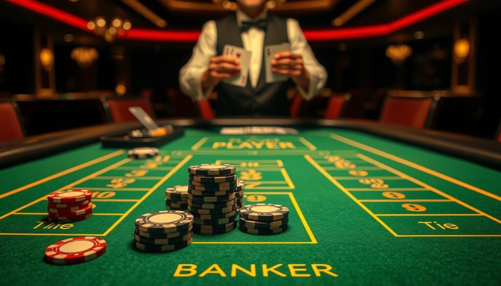 A visually engaging tabletop scene depicting the core elements of Baccarat gameplay. In the foreground, a green felt gaming table with a crisp, clean design showcases the key betting areas - Player, Banker, and Tie. Atop the table, high-contrast casino chips in various denominations are neatly arranged, hinting at the strategic decision-making involved. In the middle ground, a pair of dealer's hands deftly dealing cards, capturing the tension and suspense of the game. The background features a dimly lit, elegant casino environment, with subtle lighting that creates a sense of atmosphere and exclusivity. The overall composition conveys the essence of Baccarat - a sophisticated, high-stakes game of chance and skill. A visually engaging tabletop scene depicting the core elements of Baccarat gameplay. In the foreground, a green felt gaming table with a crisp, clean design showcases the key betting areas - Player, Banker, and Tie. Atop the table, high-contrast casino chips in various denominations are neatly arranged, hinting at the strategic decision-making involved. In the middle ground, a pair of dealer's hands deftly dealing cards, capturing the tension and suspense of the game. The background features a dimly lit, elegant casino environment, with subtle lighting that creates a sense of atmosphere and exclusivity. The overall composition conveys the essence of Baccarat - a sophisticated, high-stakes game of chance and skill.
