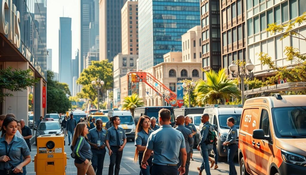 A busy street in a bustling city, with a prominent sign for "iCareCPAP - 滅蟲公司" adorning the facade of a professional-looking office building. In the foreground, potential customers are consulting with friendly, uniformed staff, discussing their pest control needs. The middle ground showcases a range of modern equipment and vehicles, suggesting a well-equipped, efficient operation. In the background, a vibrant cityscape, with skyscrapers and lush greenery, creates a sense of an urban, professional environment. Warm, natural lighting illuminates the scene, conveying a sense of trustworthiness and competence. The overall atmosphere evokes a reliable, customer-centric pest control service.