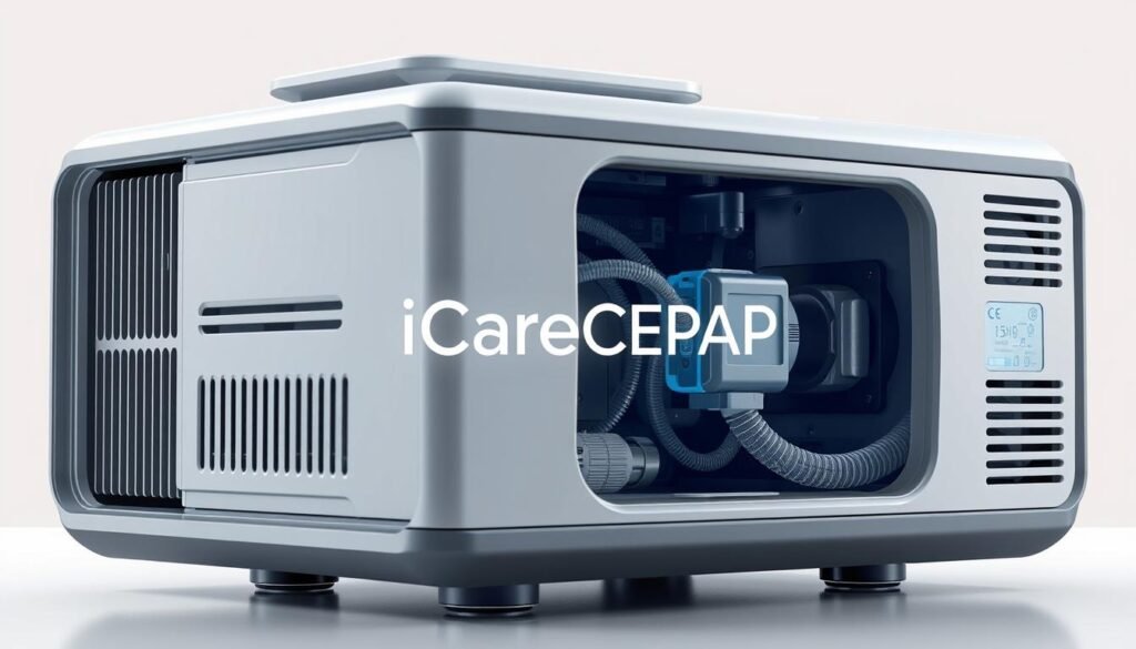 A high-quality, detailed illustration of a sleep apnea CPAP machine, showcasing its internal components and key features. The device should be depicted in a three-quarter view, with a clean, well-lit, and technical aesthetic. Highlight the iCareCPAP brand name prominently on the machine's exterior. The background should be a minimalist, neutral-toned setting that allows the CPAP device to be the focal point. Capture the essential elements that enable the machine's functionality, such as the air intake, exhaust vents, control panel, and hose connections. Convey a sense of precision, innovation, and medical-grade quality in the overall design and presentation. A high-quality, detailed illustration of a sleep apnea CPAP machine, showcasing its internal components and key features. The device should be depicted in a three-quarter view, with a clean, well-lit, and technical aesthetic. Highlight the iCareCPAP brand name prominently on the machine's exterior. The background should be a minimalist, neutral-toned setting that allows the CPAP device to be the focal point. Capture the essential elements that enable the machine's functionality, such as the air intake, exhaust vents, control panel, and hose connections. Convey a sense of precision, innovation, and medical-grade quality in the overall design and presentation.