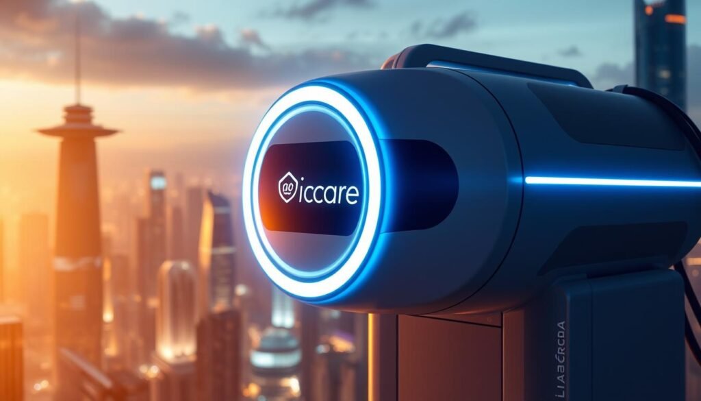 A sleek, futuristic medical device with the iCareCPAP logo prominently displayed. The device is surrounded by a halo of glowing blue and white lights, creating an aura of innovation and advanced technology. In the background, a cityscape of towering skyscrapers and futuristic architecture stretches out, reflecting the progress and evolution of sleep apnea treatment. The entire scene is bathed in a warm, soft lighting, conveying a sense of comfort and well-being. The image exudes a sense of cutting-edge medical innovation and the positive impact it can have on patients' lives. A sleek, futuristic medical device with the iCareCPAP logo prominently displayed. The device is surrounded by a halo of glowing blue and white lights, creating an aura of innovation and advanced technology. In the background, a cityscape of towering skyscrapers and futuristic architecture stretches out, reflecting the progress and evolution of sleep apnea treatment. The entire scene is bathed in a warm, soft lighting, conveying a sense of comfort and well-being. The image exudes a sense of cutting-edge medical innovation and the positive impact it can have on patients' lives.
