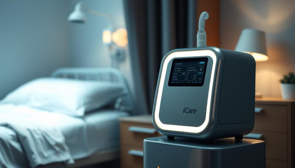 A complex medical device, the iCareCPAP sleep apnea machine floats in a dimly lit, clinical environment. The device's sleek, silver exterior gleams under soft, directional lighting, casting subtle shadows that accentuate its form. The machine's user interface is illuminated, displaying vital information and controls. In the background, a blurred medical bed and nightstand hint at the machine's purpose, while a sense of tranquility pervades the scene, suggesting the machine's role in promoting restful sleep for its user. A complex medical device, the iCareCPAP sleep apnea machine floats in a dimly lit, clinical environment. The device's sleek, silver exterior gleams under soft, directional lighting, casting subtle shadows that accentuate its form. The machine's user interface is illuminated, displaying vital information and controls. In the background, a blurred medical bed and nightstand hint at the machine's purpose, while a sense of tranquility pervades the scene, suggesting the machine's role in promoting restful sleep for its user.