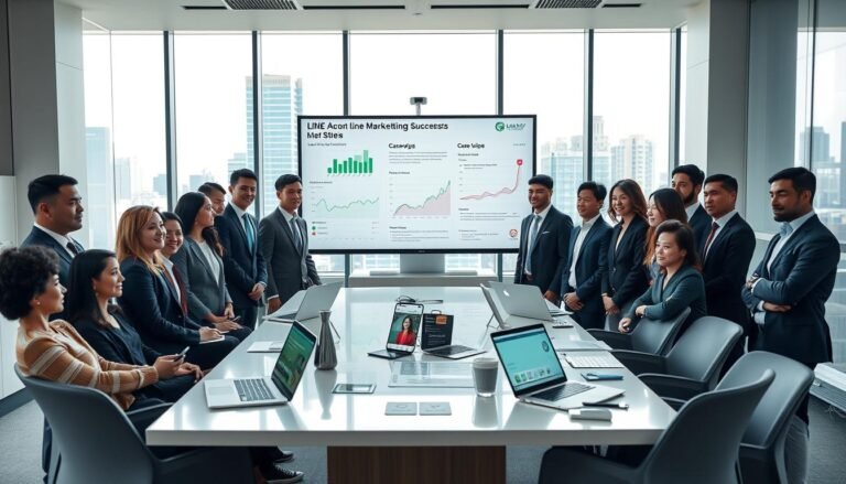 A vibrant office setting showcasing a successful digital marketing campaign about LINE official accounts. In the foreground, a group of diverse professionals dressed in smart business attire are gathered around a large screen displaying analytics and case studies, illustrating "Line Lap" advertising success. The middle ground features an elegant conference table with laptops, tablets, and promotional materials related to the campaign, emphasizing teamwork and innovation. The background includes large windows with a cityscape view, allowing natural light to flood the room, creating a bright and motivating atmosphere. The mood is one of collaboration and achievement, reflecting a modern, tech-savvy work environment. The scene is captured with a wide-angle lens to convey the dynamic energy of the team and their accomplishments.