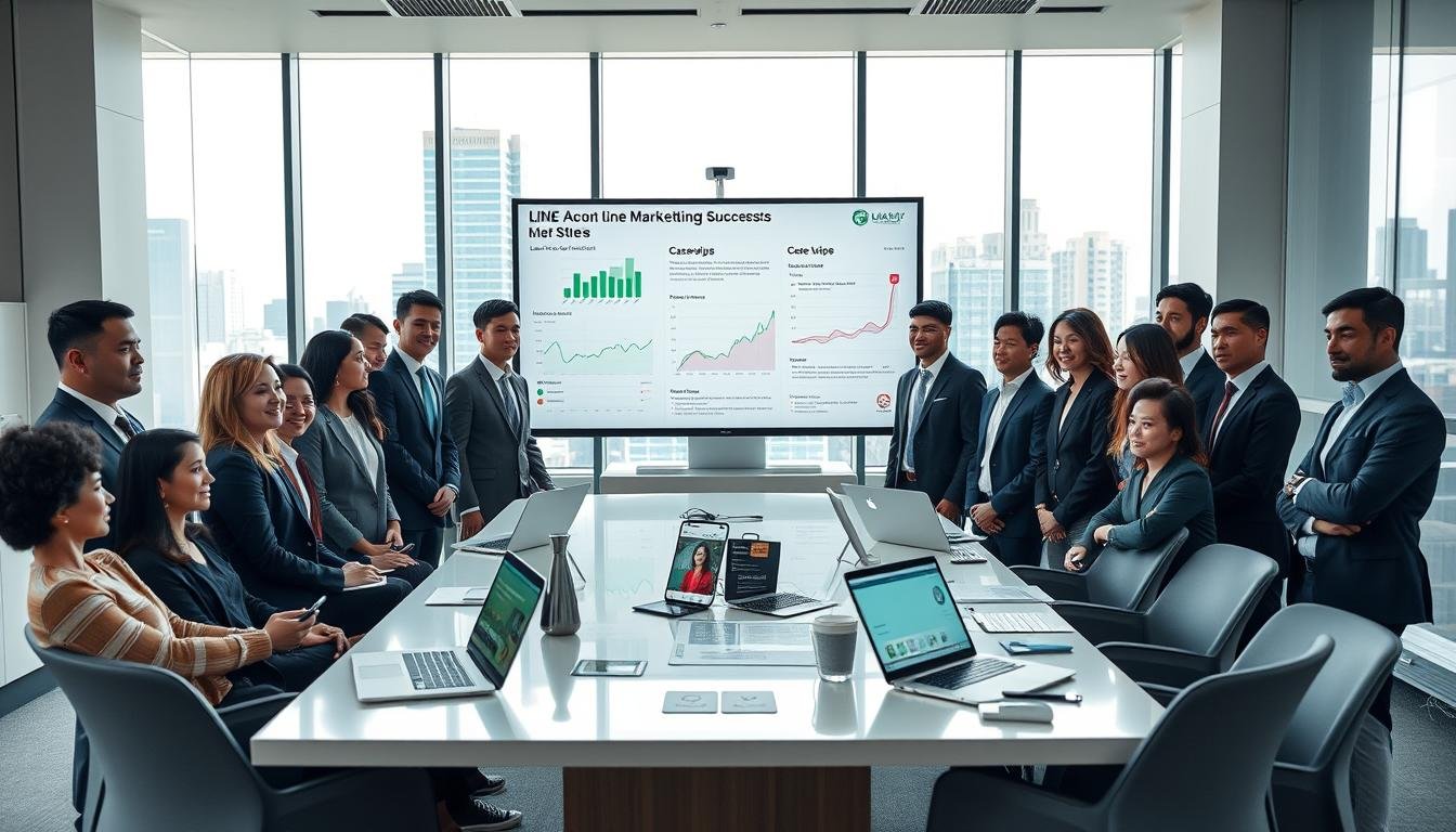 A vibrant office setting showcasing a successful digital marketing campaign about LINE official accounts. In the foreground, a group of diverse professionals dressed in smart business attire are gathered around a large screen displaying analytics and case studies, illustrating "Line Lap" advertising success. The middle ground features an elegant conference table with laptops, tablets, and promotional materials related to the campaign, emphasizing teamwork and innovation. The background includes large windows with a cityscape view, allowing natural light to flood the room, creating a bright and motivating atmosphere. The mood is one of collaboration and achievement, reflecting a modern, tech-savvy work environment. The scene is captured with a wide-angle lens to convey the dynamic energy of the team and their accomplishments.