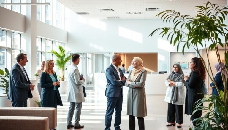 A modern and inviting daytime medical center interior, showcasing a bright and spacious waiting area filled with comfortable seating, plants, and natural light streaming through large windows. In the foreground, a diverse group of individuals in professional business attire and modest casual clothing engage cheerfully, conveying a sense of community and support. The middle ground features a reception desk with friendly staff assisting patients, creating a welcoming atmosphere. In the background, glimpses of consultation rooms can be seen, emphasizing the center's role in providing essential healthcare services. The lighting is warm and inviting, enhancing the sense of calm and reassurance. Capture this scene from a slightly elevated angle to create depth, focusing on human interaction and the reassuring environment of the medical center, evoking a mood of hope and collaboration.