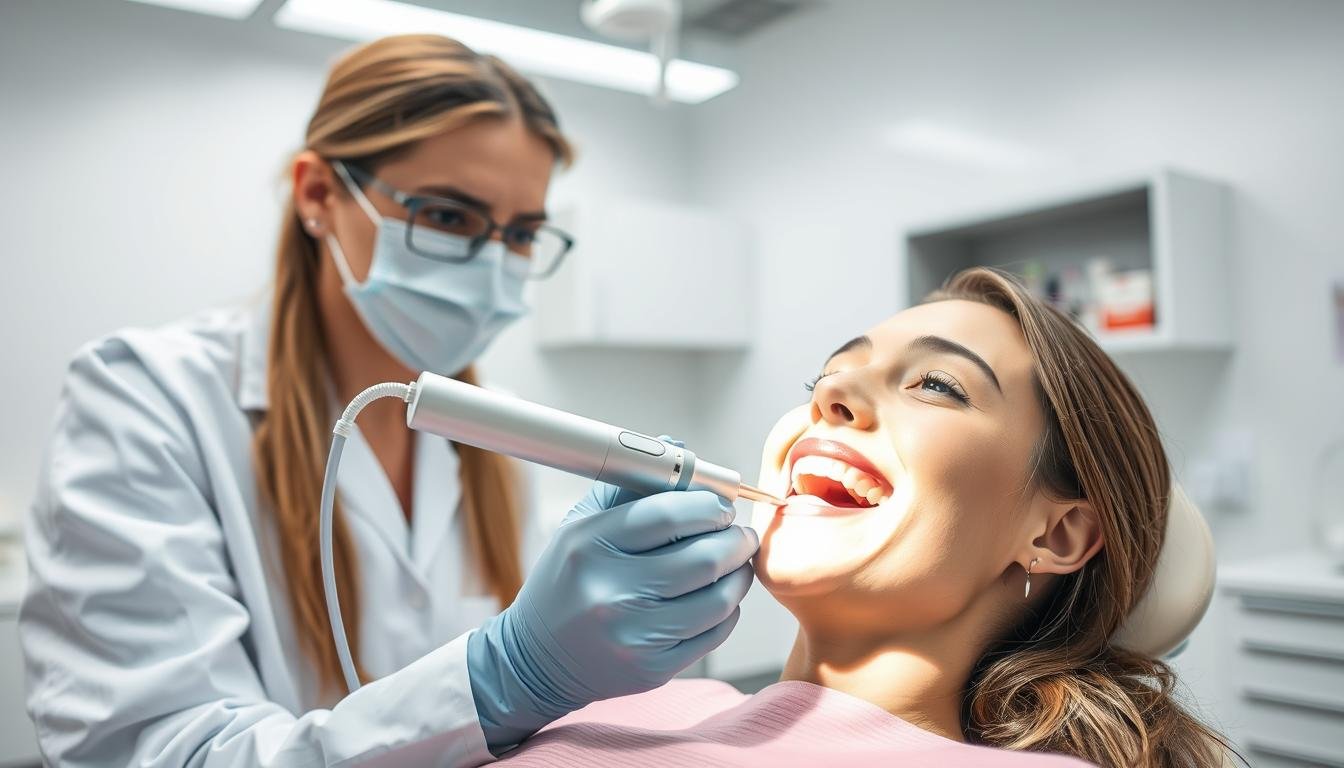 A professional dental hygienist in a modern dental office is performing an ultrasonic teeth cleaning procedure. The hygienist, dressed in a crisp white lab coat, uses a sleek ultrasonic scaler to gently remove tartar from a patient's teeth, who is comfortably seated in a dental chair. The patient's face conveys relaxation, with bright overhead lights illuminating the scene, emphasizing the clean and sterile environment. In the background, dental tools and equipment are neatly arranged on a counter. The composition captures a close-up view of the procedure, focusing on the dental hygienist's meticulous technique, while soft, diffused lighting adds to the calming atmosphere of the dental clinic, highlighting the importance of oral health and hygiene.