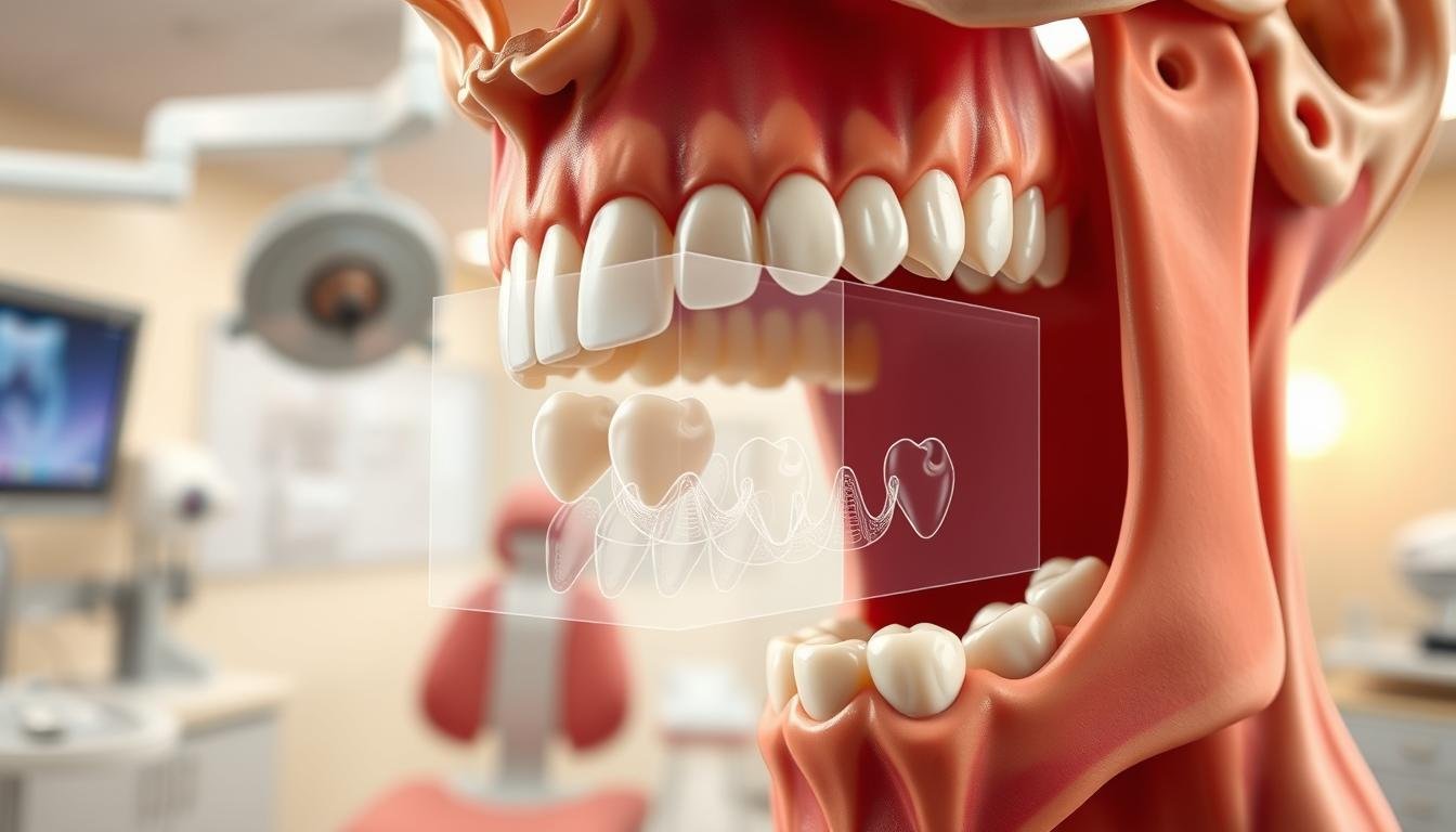 A detailed anatomical illustration depicting the influence of wisdom teeth on dental alignment. In the foreground, a close-up of a human jaw with molars and wisdom teeth visible, showcasing their position and relation to adjacent teeth. The middle layer features a transparent overlay demonstrating the displacement of teeth due to crowding caused by wisdom teeth eruption. In the background, a soft-focus dental clinic interior, emphasizing a clinical atmosphere with warm, natural lighting. Utilize a macro lens perspective to emphasize dental anatomy while maintaining an informative and professional mood, suitable for educational purposes. The overall composition should be clear, with a focus on the dental structures and their alignment issues, ensuring a visually appealing and educational image free of any text or logos.