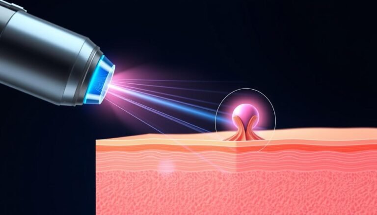 A detailed scientific illustration depicting the principles of laser hair removal. In the foreground, showcase a high-tech laser device emitting a focused beam of light toward a hair follicle in a graphical representation. The middle ground should include a close-up of the hair follicle structure, highlighting the process of thermal damage as the laser light targets the pigment in the hair. The background should feature a soft gradient representing the skin layers, with a subtle glow around the laser beam to illustrate its intensity. Use bright, clinical lighting, and a focus on clarity and precision in the anatomical details. The mood should be educational and informative, creating a sense of advanced technology and professionalism.