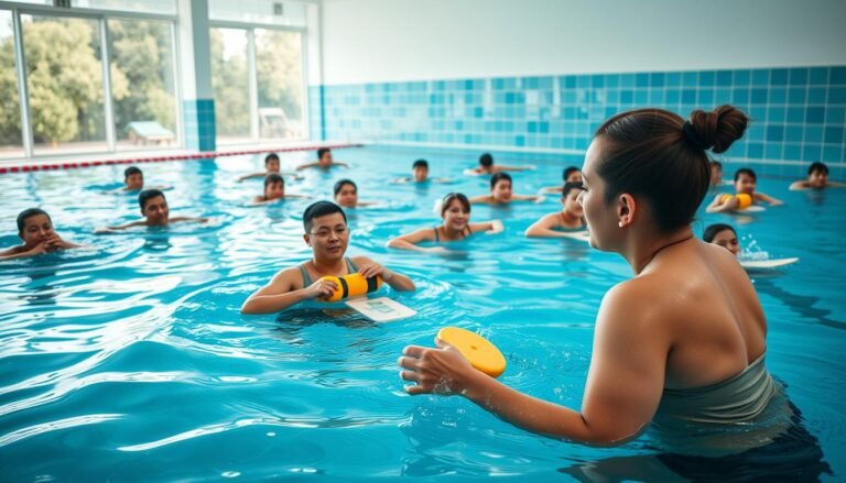 A dynamic scene depicting a swimming class in a well-lit indoor pool environment, showcasing a diverse group of participants engaged in structured training exercises. In the foreground, a professional instructor in a modest, casual outfit actively demonstrates a swimming technique with a floating device, emphasizing proper form. The middle ground features enthusiastic trainees of varying ages and backgrounds practicing various strokes, displaying determination and focus. The background reveals the shimmering water of the pool, reflective tiles, and large windows allowing natural light to flood the space, creating an invigorating atmosphere. The overall mood is inspiring and energetic, illustrating the benefits of swimming for health and fitness, particularly for improving respiratory issues.