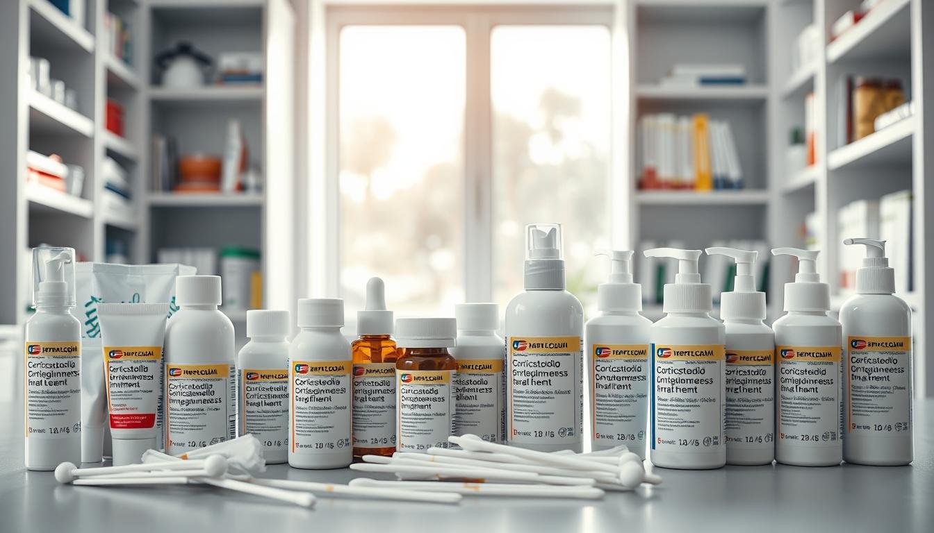 A professional display of various types of corticosteroid ointments for eczema treatment. In the foreground, focus on an assortment of medication containers, including tubes, jars, and pumps, labeled with varying dosages and formulations. In the middle ground, there should be neatly arranged applicators, such as cotton swabs and gloves, showcasing proper application techniques. The background features a softly lit, clinical setting, evoking a sense of medical professionalism, with blurred shelves filled with medical supplies and dermatology books. Natural light gently filters through a window, casting a warm glow on the scene, creating an atmosphere of trust and care in skin health. Ensure no human subjects are present to maintain a clean focus on the products alone.