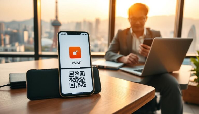 A professional setting showcasing a modern digital workspace focused on eSIM technology in South Korea. In the foreground, a sleek smartphone displaying an eSIM QR code is placed on a minimalist wooden desk. The middle ground features a person in smart casual attire, intently configuring their device, with laptop and travel accessories suggesting a tech-savvy traveler. In the background, a large window reveals a vibrant cityscape of Seoul with recognizable landmarks like Namsan Tower, bathed in soft, natural light during golden hour, adding warmth and optimism to the scene. The atmosphere is dynamic yet professional, embodying innovation and connectivity.