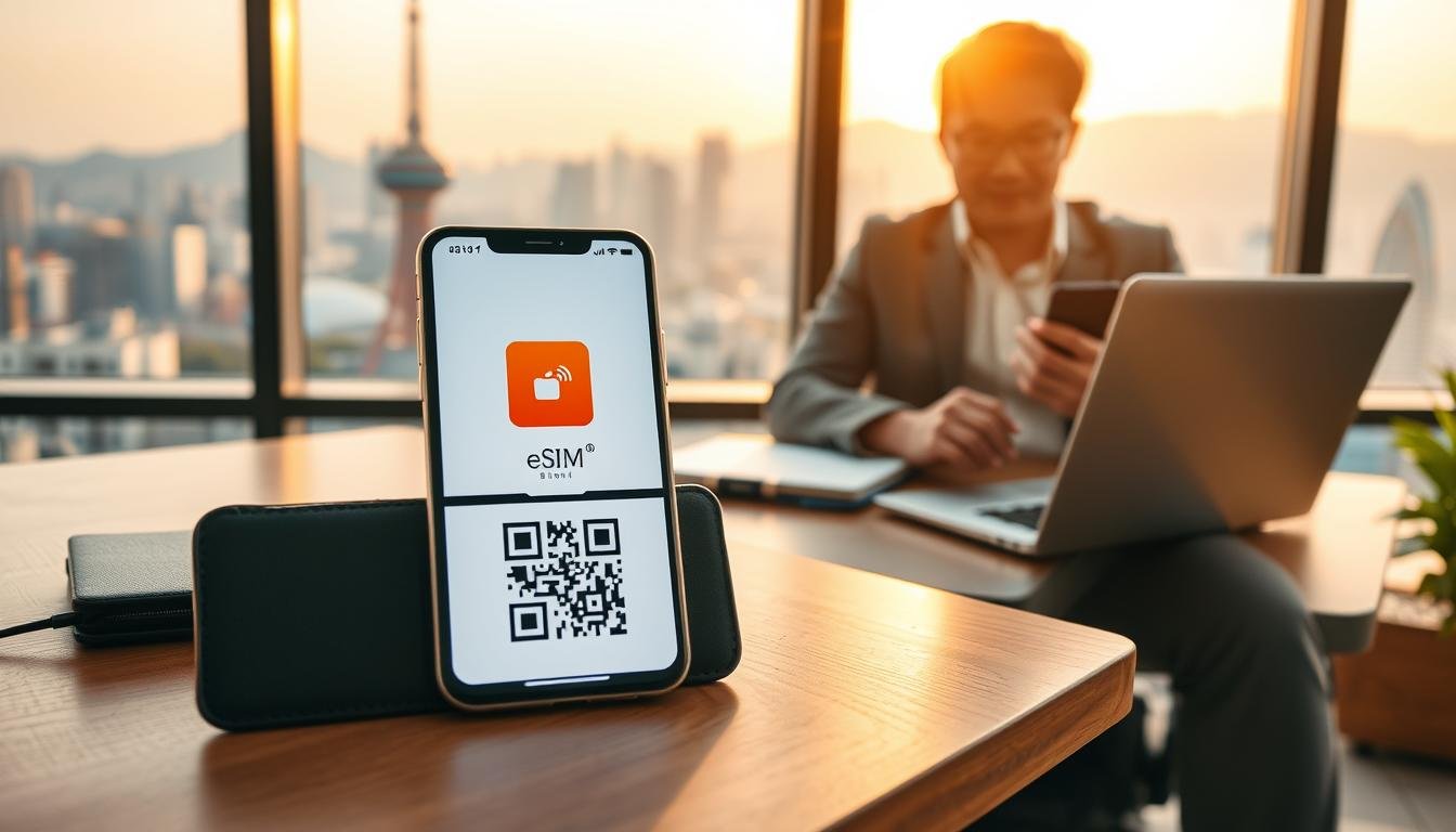 A professional setting showcasing a modern digital workspace focused on eSIM technology in South Korea. In the foreground, a sleek smartphone displaying an eSIM QR code is placed on a minimalist wooden desk. The middle ground features a person in smart casual attire, intently configuring their device, with laptop and travel accessories suggesting a tech-savvy traveler. In the background, a large window reveals a vibrant cityscape of Seoul with recognizable landmarks like Namsan Tower, bathed in soft, natural light during golden hour, adding warmth and optimism to the scene. The atmosphere is dynamic yet professional, embodying innovation and connectivity.