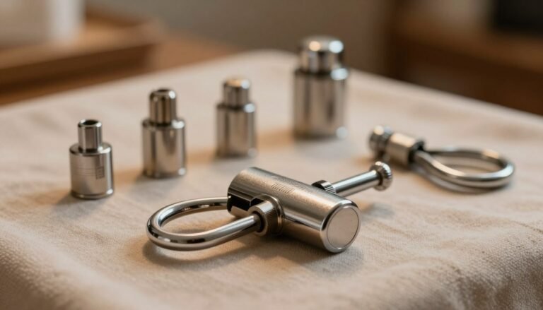 In a well-lit, cozy setting, display a close-up image of a stainless steel chastity lock and its components laid out on a soft, neutral fabric. The foreground features the polished lock glistening under warm lighting, with intricate details of its mechanism visible. In the middle ground, include various size options of the lock and additional accessories, all organized elegantly. The background is softly blurred to create a sophisticated ambience, evoking a sense of professionalism and safety. The overall mood is intimate and inviting, combining cinematic warmth with an educational touch, reflecting proper usage techniques while ensuring a serene, respectful atmosphere.
